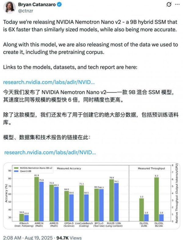 好牛 英伟达开源9B参数小模型，比Qwen3快6倍